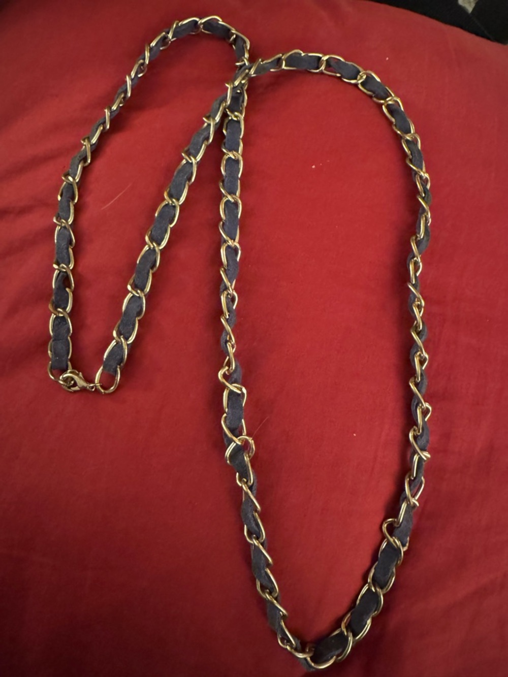 Gold Chain Necklace with Navy Blue Leather Weave - Women Jewelry